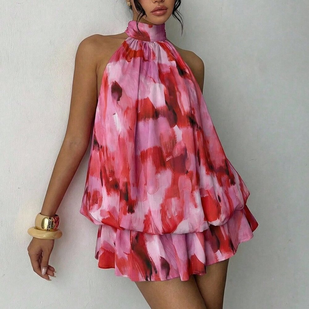 Multicolor Boho Women's Elegant Brushstroke Backless Mini Dress